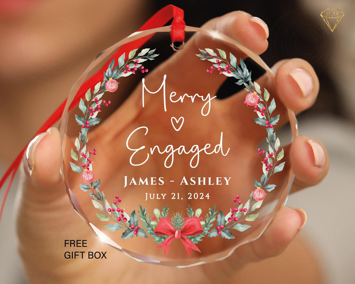 Personalized Merry and Engaged Glass Ornament - Engagement Christmas Ornament - First Christmas Engaged Gift