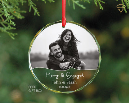 Merry and Engaged Ornament - Engagement Gifts For Couple Bride Friend - Daughter Gift - Photo Personalized First Christmas Engaged Ornament