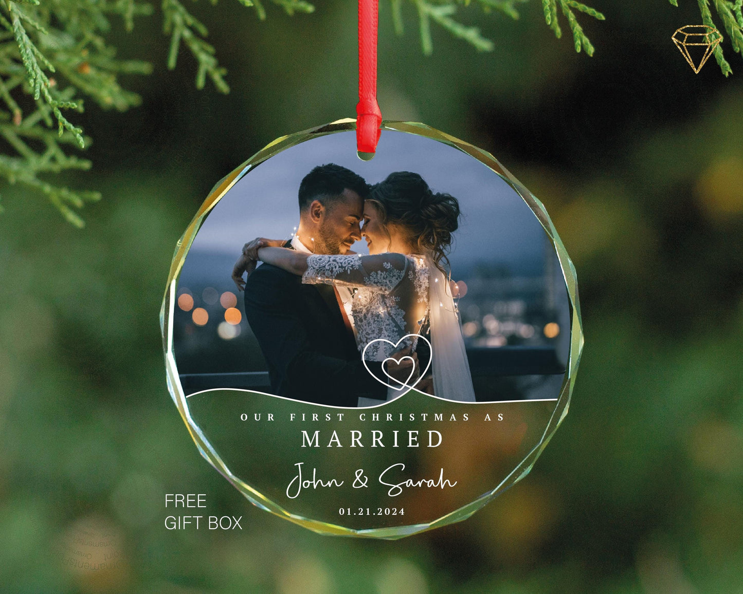 Personalized Photo Married Ornament - Our First Christmas Wedding Portrait GLASS Ornament