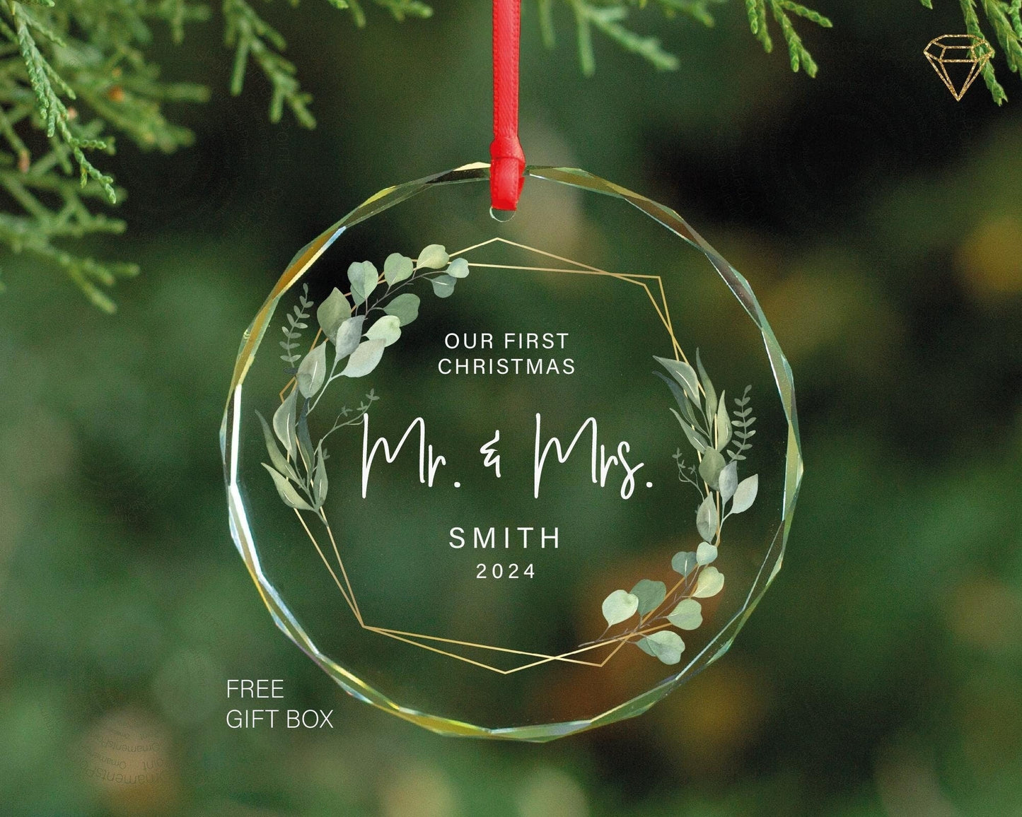 Personalized Mr & Mrs First Christmas Gem-Cut Glass Ornament