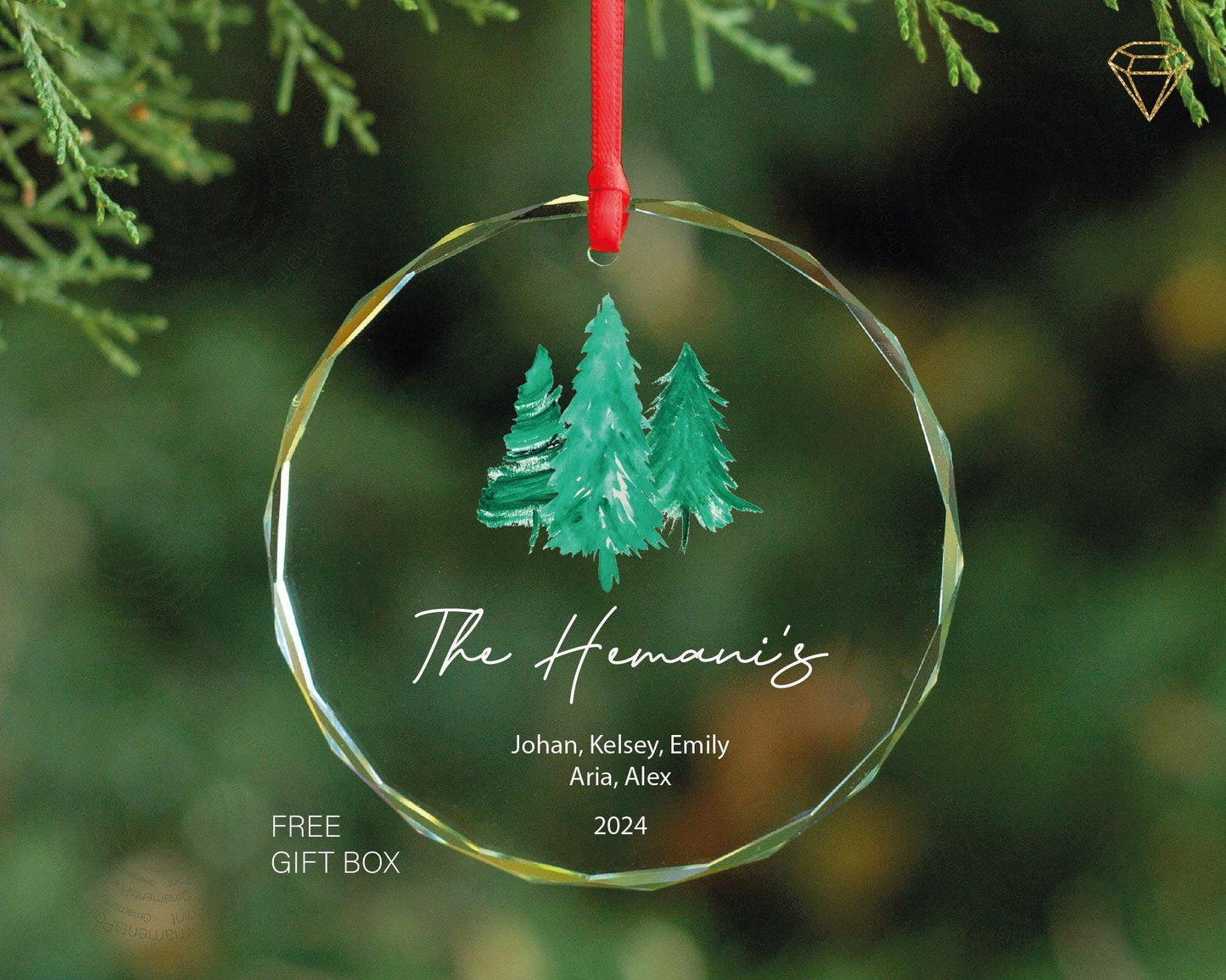 Custom Family Christmas Tree Ornament - Gem-Cut Glass