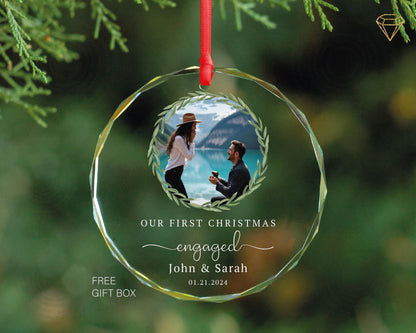 Personalized First Christmas Engaged Photo Ornament - Gem-Cut Glass