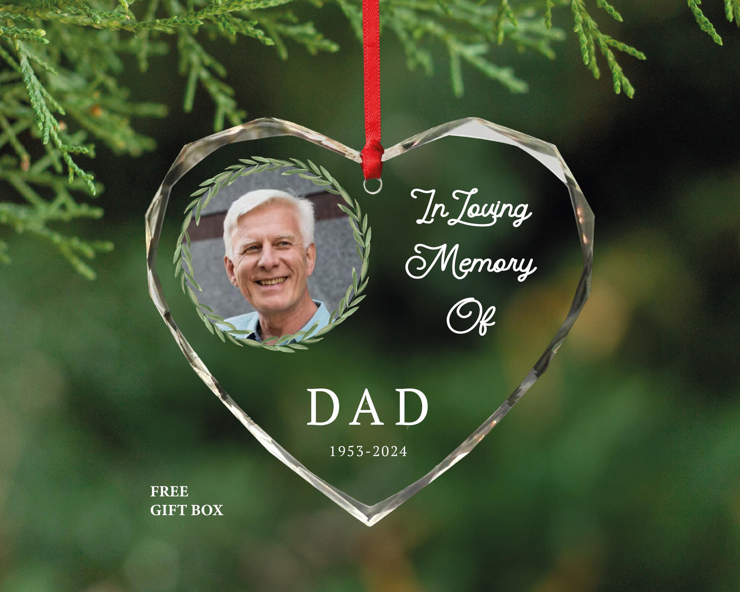 Personalized Memorial Photo Ornament – Heart Shaped Glass, Loss of Dad