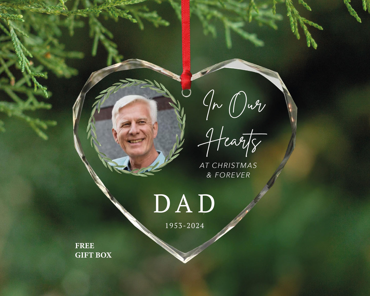 Personalized Memorial Photo Ornament – Heart Shaped Glass, Loss of Dad