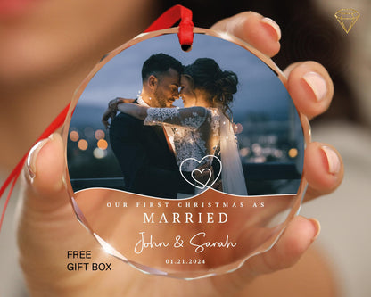 Personalized Photo Married Ornament - Our First Christmas Wedding Portrait GLASS Ornament