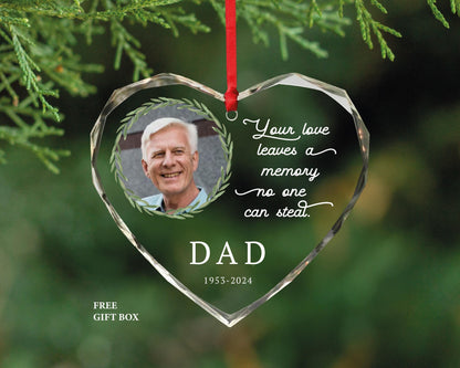Personalized Memorial Photo Ornament – Heart Shaped Glass, Loss of Dad