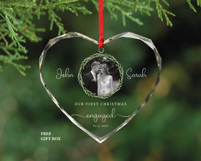 First Christmas Engaged Photo Ornament – Gem-Cut Glass Heart