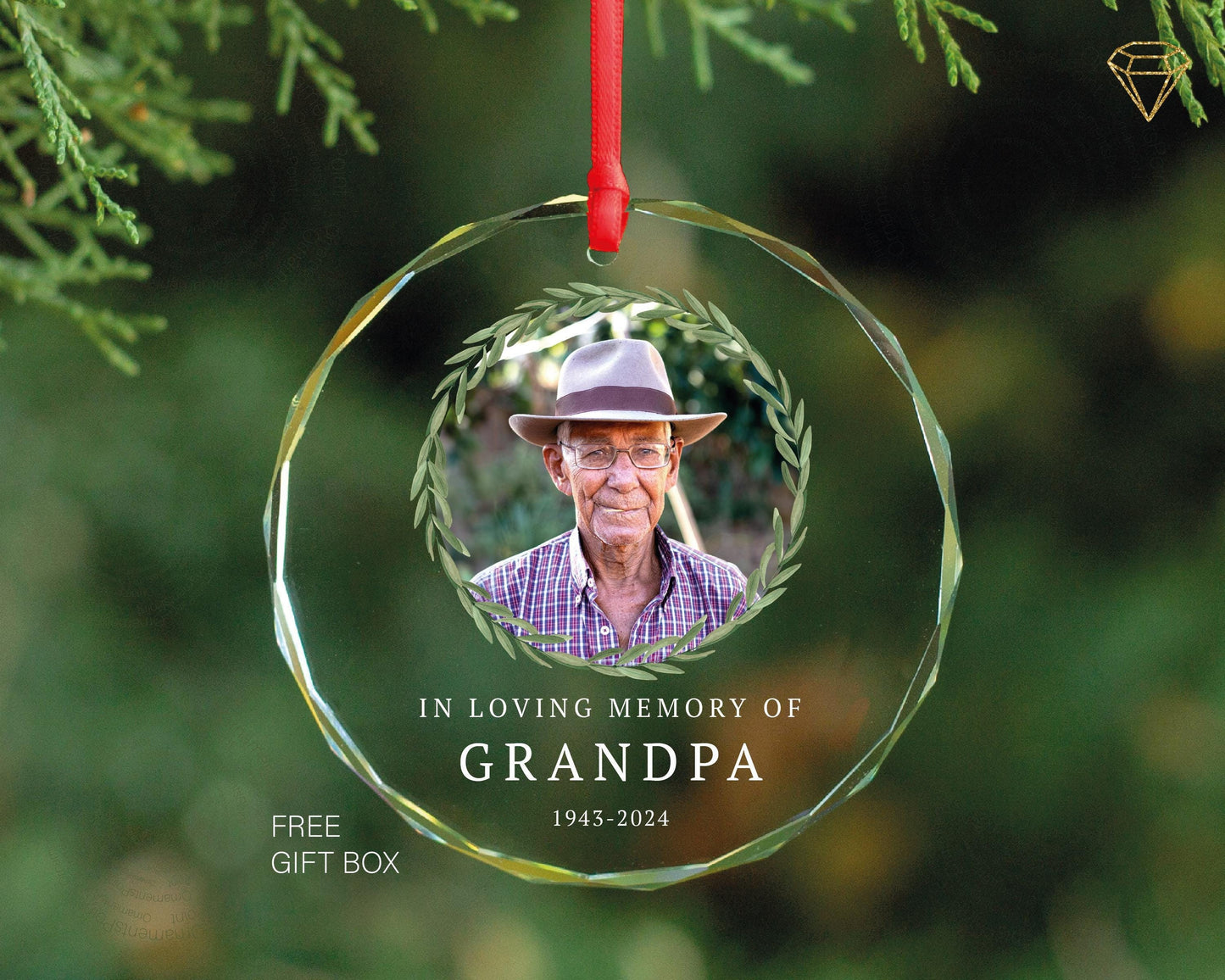 Personalized Grandpa Photo Ornament – Gem-Cut Glass Memorial Gift