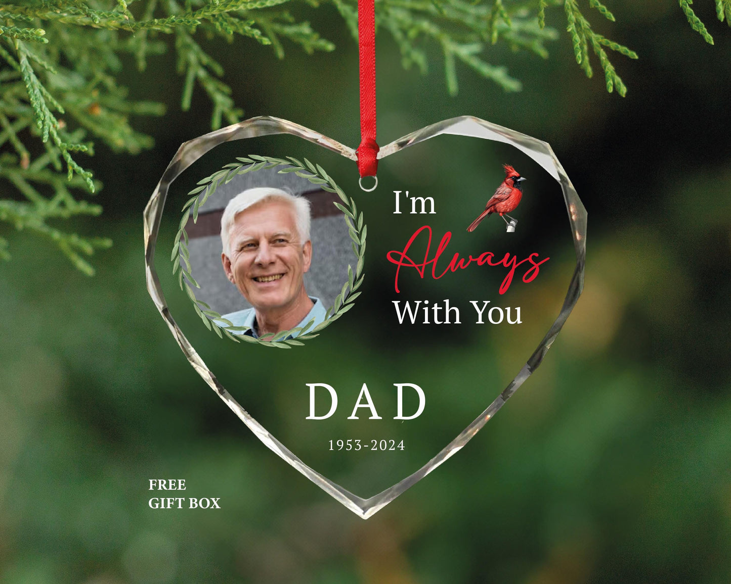 Personalized Memorial Photo Ornament – Heart Shaped Glass, Loss of Dad