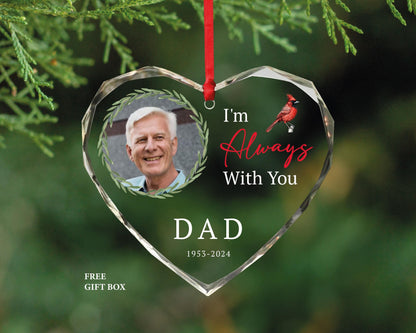 Personalized Memorial Photo Ornament – Heart Shaped Glass, Loss of Dad