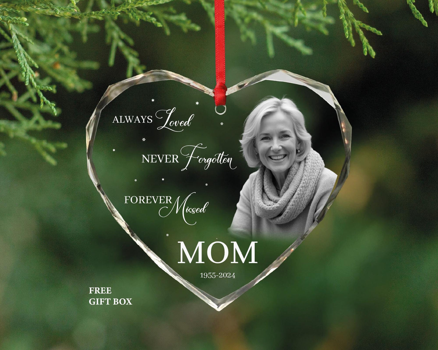 Personalized Photo Memorial Ornament - Mom Dad Memorial Christmas Ornament - Always Loved Heart Shape Ornament -Customized Memorial Ornament