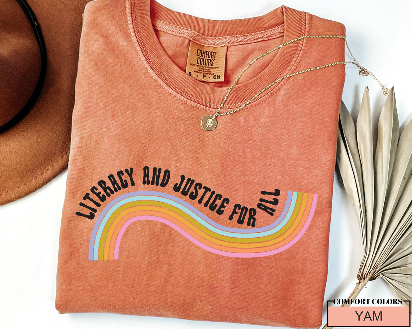 Literacy and Justice for All T-Shirt: Book Lover Rainbow Tee