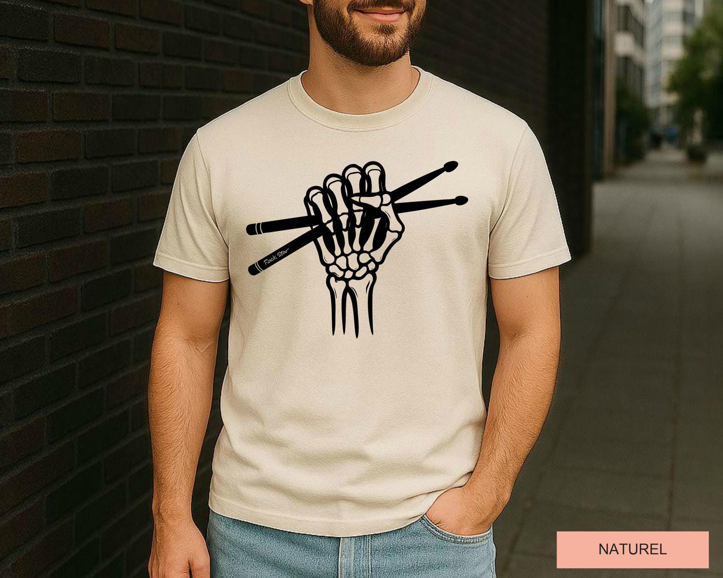 Skeleton Drummer Hand T-Shirt: Gothic Rock Music Shirt