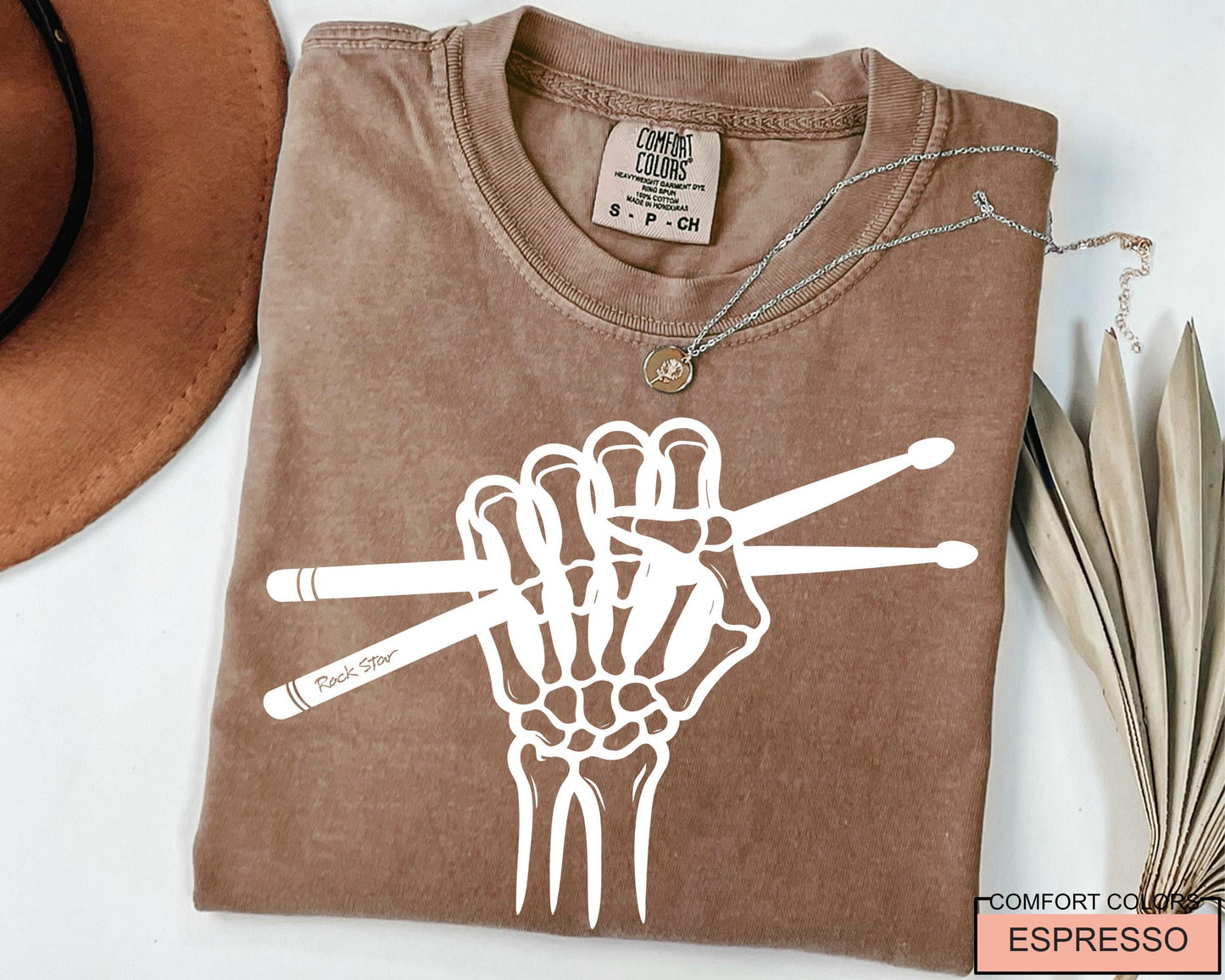 Skeleton Drummer Hand T-Shirt: Gothic Rock Music Shirt
