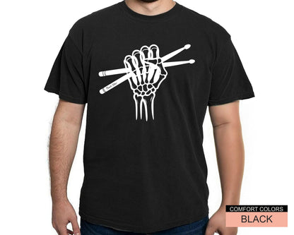 Skeleton Drummer Hand T-Shirt: Gothic Rock Music Shirt
