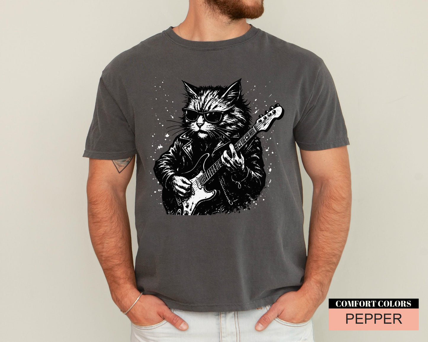 Rocker Cat Guitar Player T-Shirt, Music Lover Gift