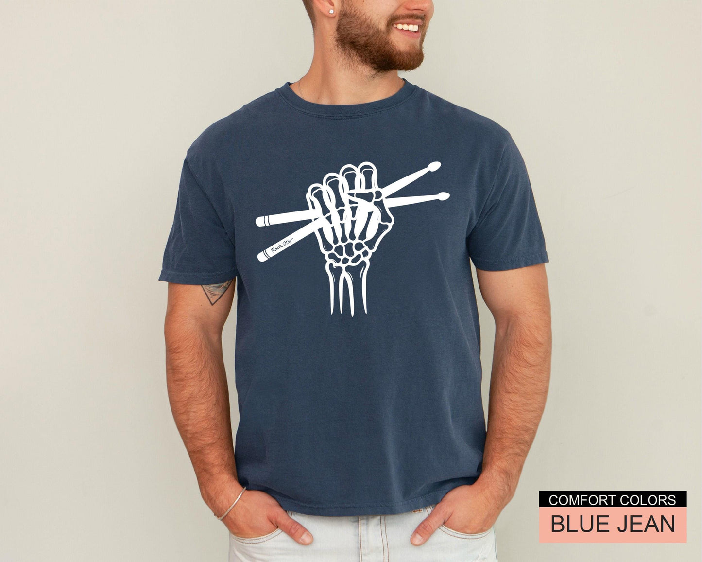 Skeleton Drummer Hand T-Shirt: Gothic Rock Music Shirt