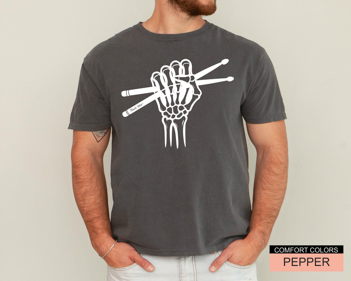 Skeleton Drummer Hand T-Shirt: Gothic Rock Music Shirt