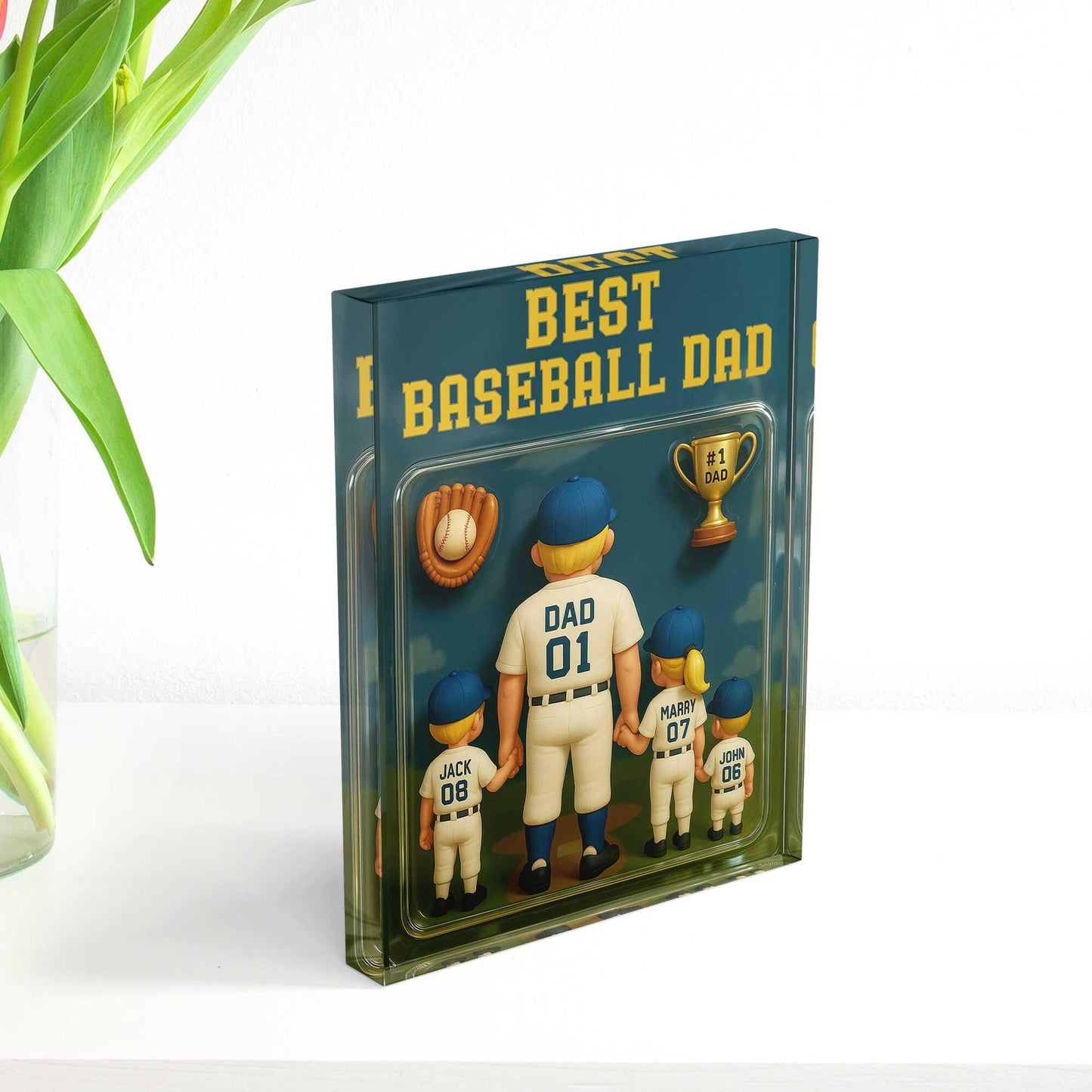 Personalized Best Baseball Dad Acrylic Plaque, Custom Baseball Fan Dad Gift for Father's Day, Father and Childen Name Baseball Number Plaque