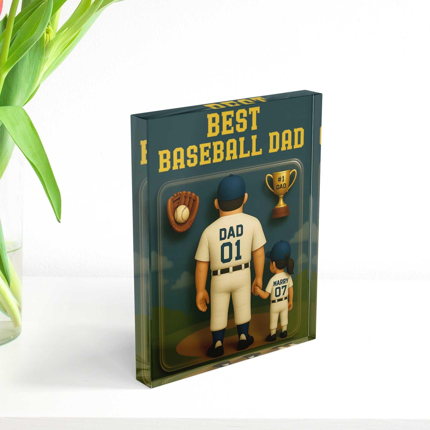 Personalized Best Baseball Dad Acrylic Plaque, Custom Baseball Fan Dad Gift for Father's Day, Father and Childen Name Baseball Number Plaque