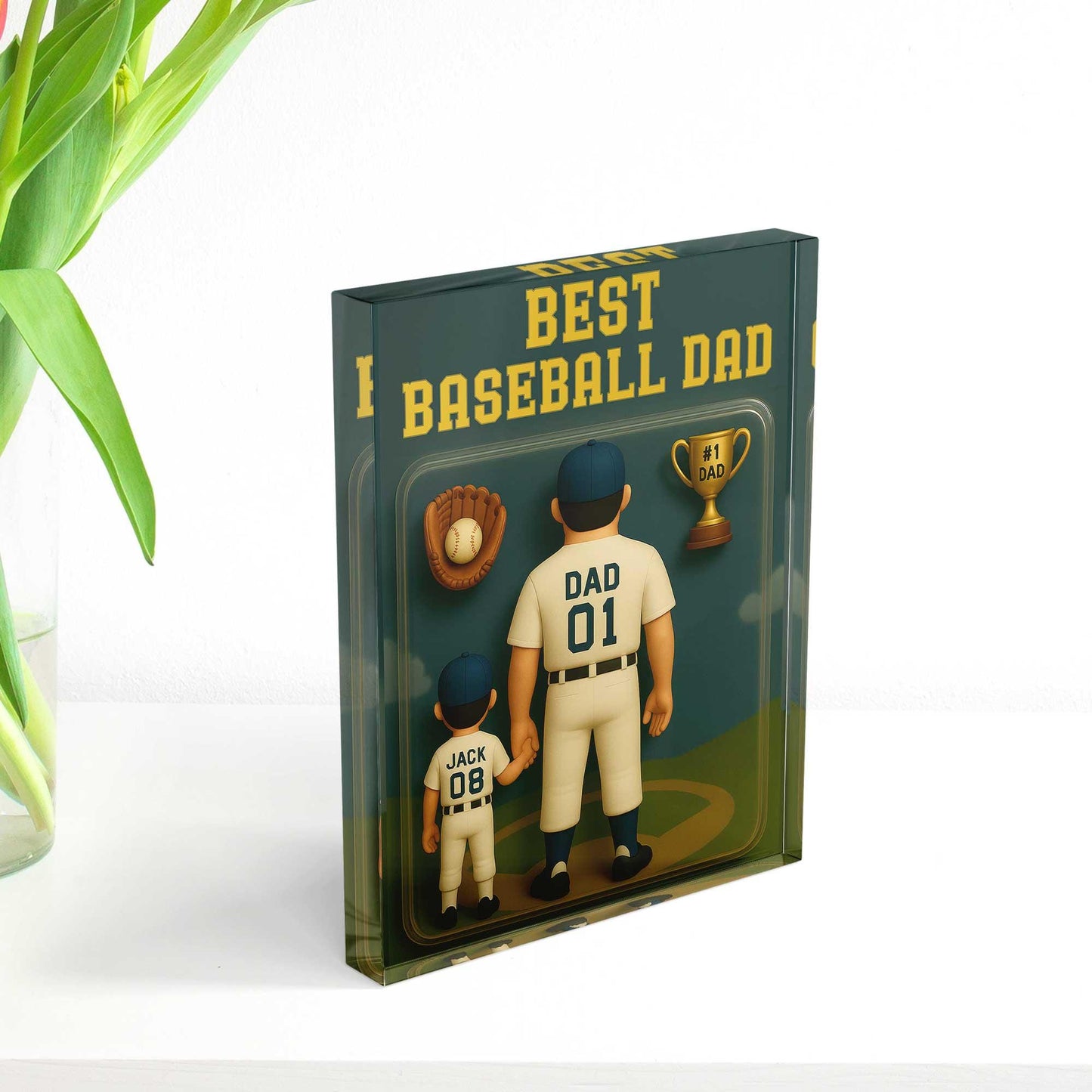 Personalized Best Baseball Dad Acrylic Plaque, Custom Baseball Fan Dad Gift for Father's Day, Father and Childen Name Baseball Number Plaque
