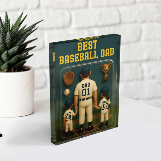 Personalized Best Baseball Dad Acrylic Plaque, Custom Baseball Fan Dad Gift for Father's Day, Father and Childen Name Baseball Number Plaque