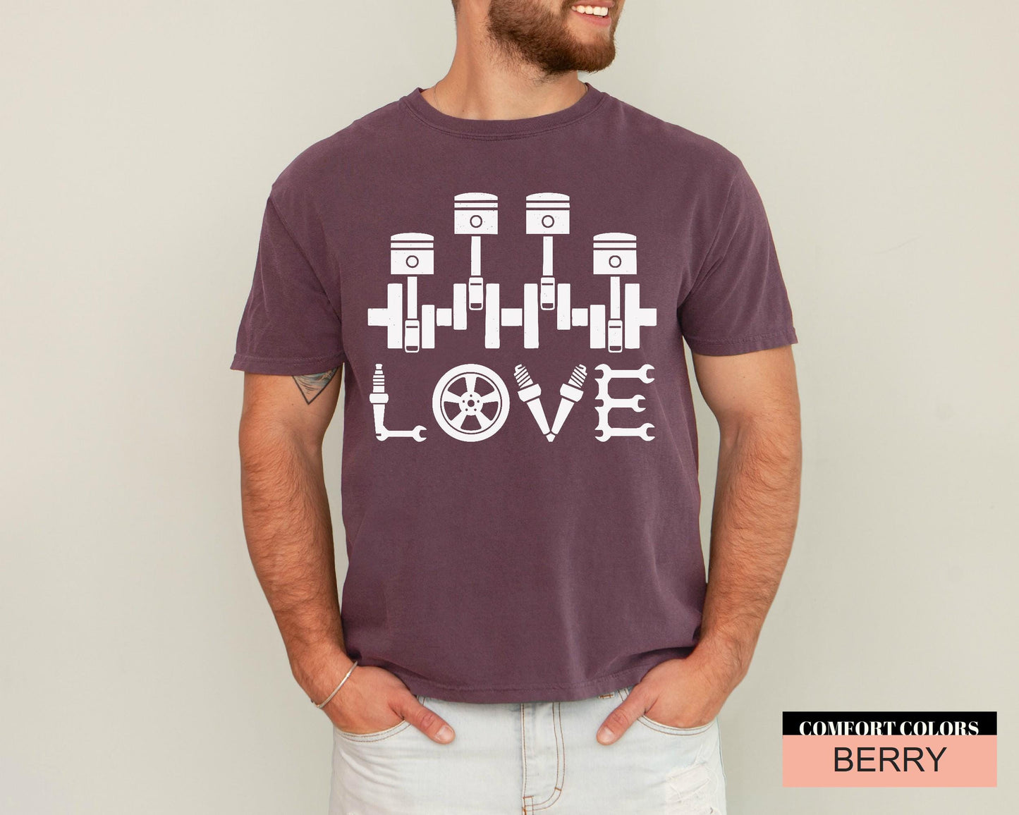 Love Car Mechanic Shirt, Auto Repair Piston Spark Plug Shirt, Gift for Car Guys, Engine Builder Shirt, Funny Gearhead Shirt for Him
