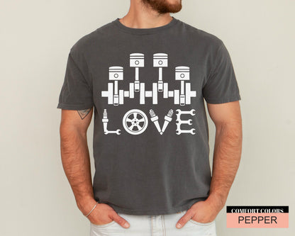 Love Car Mechanic Shirt, Auto Repair Piston Spark Plug Shirt, Gift for Car Guys, Engine Builder Shirt, Funny Gearhead Shirt for Him