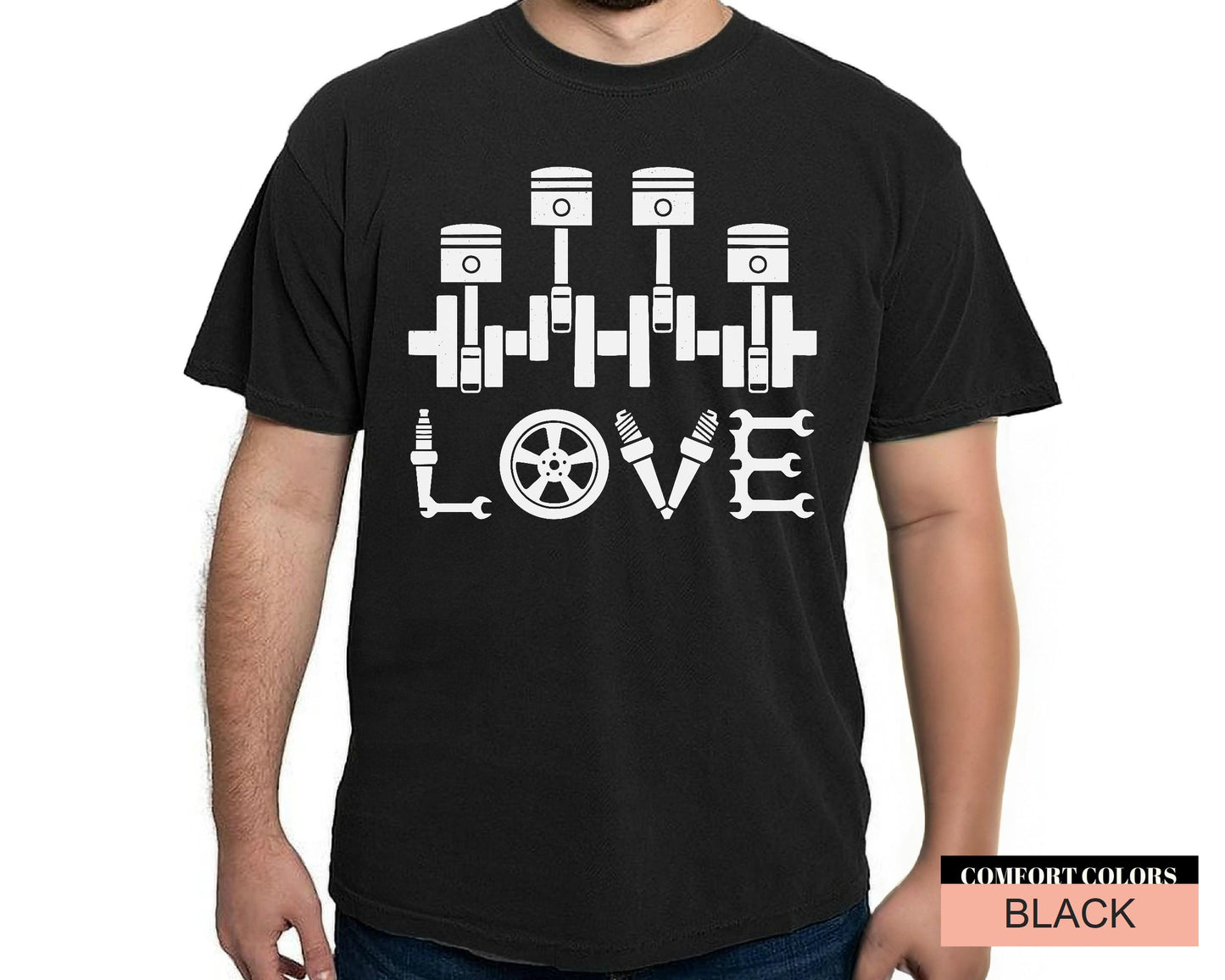 Love Car Mechanic Shirt, Auto Repair Piston Spark Plug Shirt, Gift for Car Guys, Engine Builder Shirt, Funny Gearhead Shirt for Him
