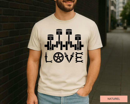 Love Car Mechanic Shirt, Auto Repair Piston Spark Plug Shirt, Gift for Car Guys, Engine Builder Shirt, Funny Gearhead Shirt for Him