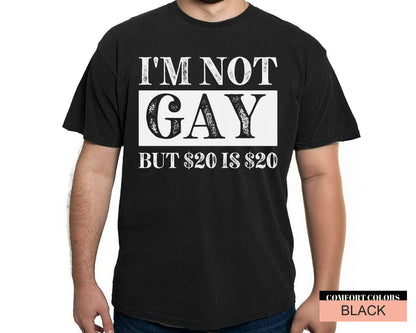 Sarcastic Saying Shirt, I'm Not Gay But 20 USD is 20 USD, Funny Birthday Gift, Edgy Adult Humor Gag Gift, Offensive Meme Shirt