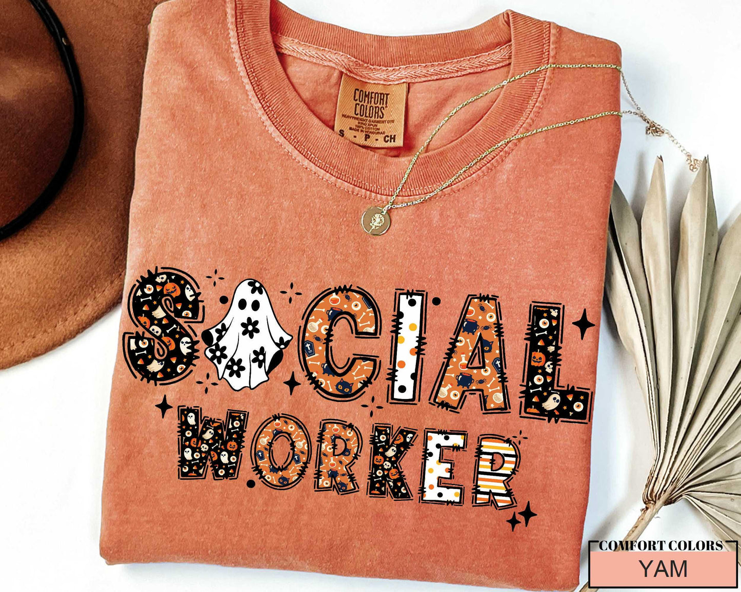 Halloween Social Worker T-Shirt: Spooky Ghost & Pumpkin Design