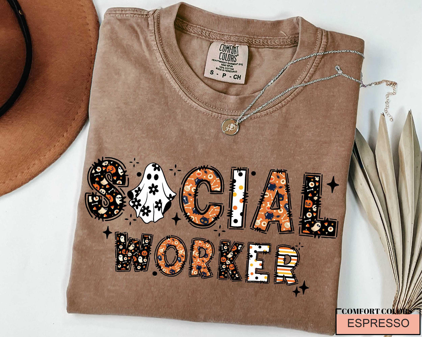 Halloween Social Worker T-Shirt: Spooky Ghost & Pumpkin Design