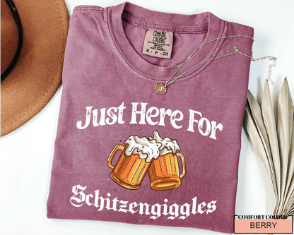 Just Here For Schitzengiggles T-Shirt - Funny Beer Mug Oktoberfest Shirt - Tailgating Drinking Party Shirt