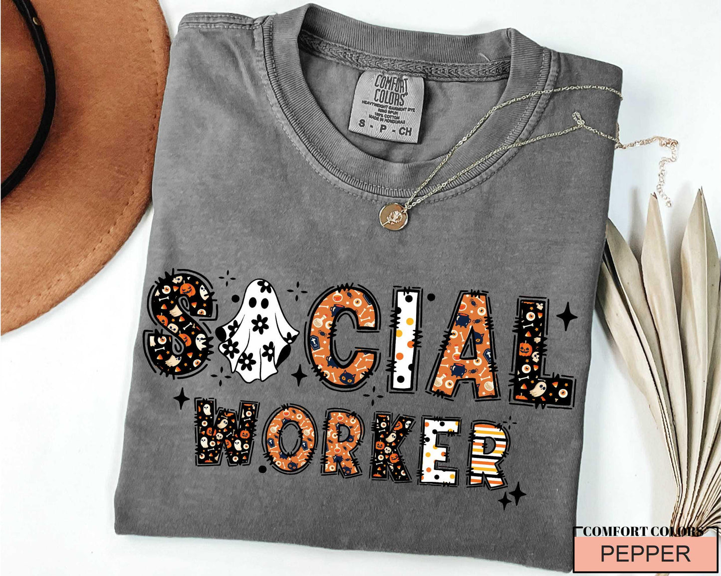 Halloween Social Worker T-Shirt: Spooky Ghost & Pumpkin Design