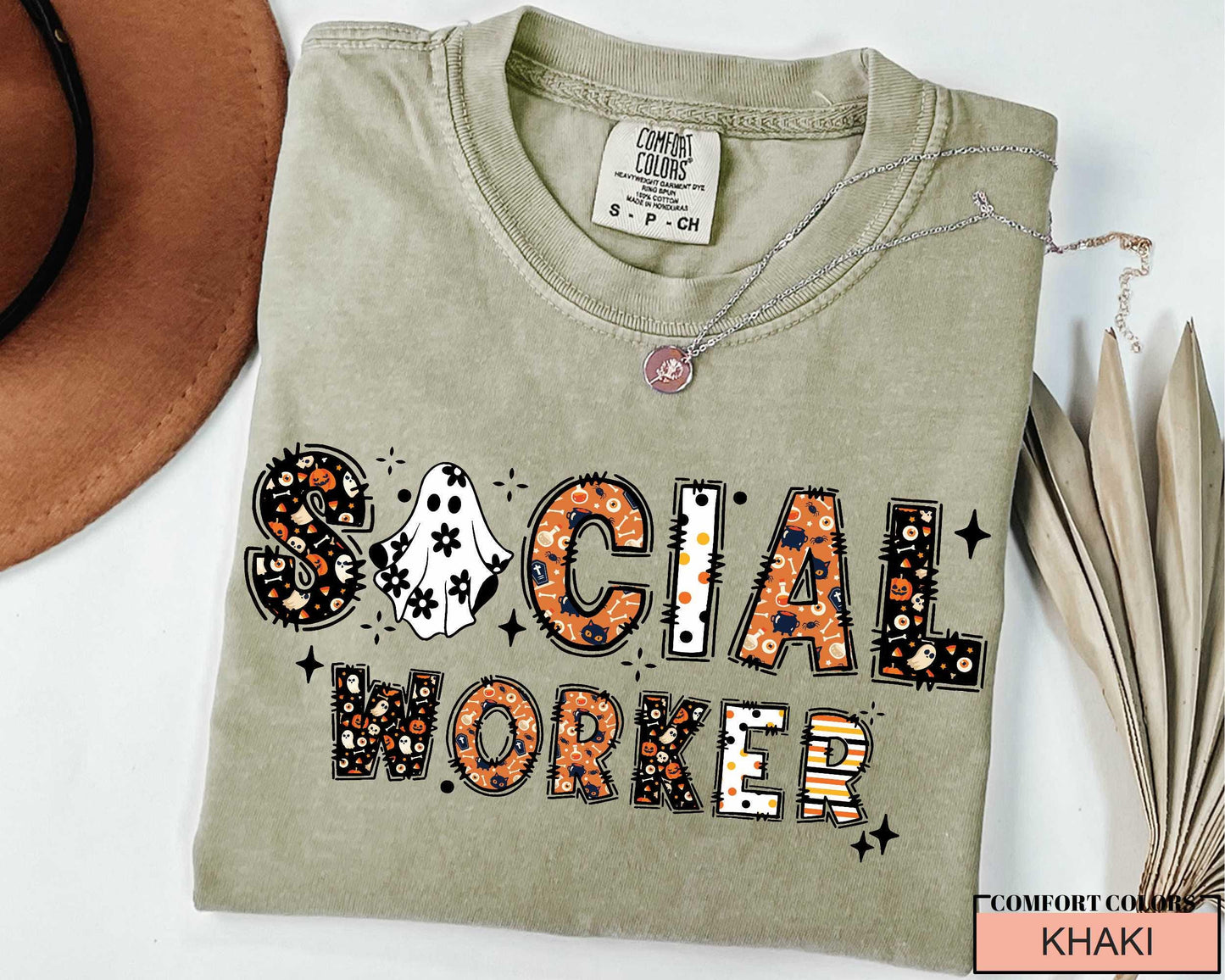 Halloween Social Worker T-Shirt: Spooky Ghost & Pumpkin Design