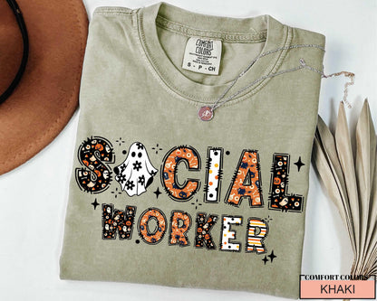 Halloween Social Worker T-Shirt: Spooky Ghost & Pumpkin Design