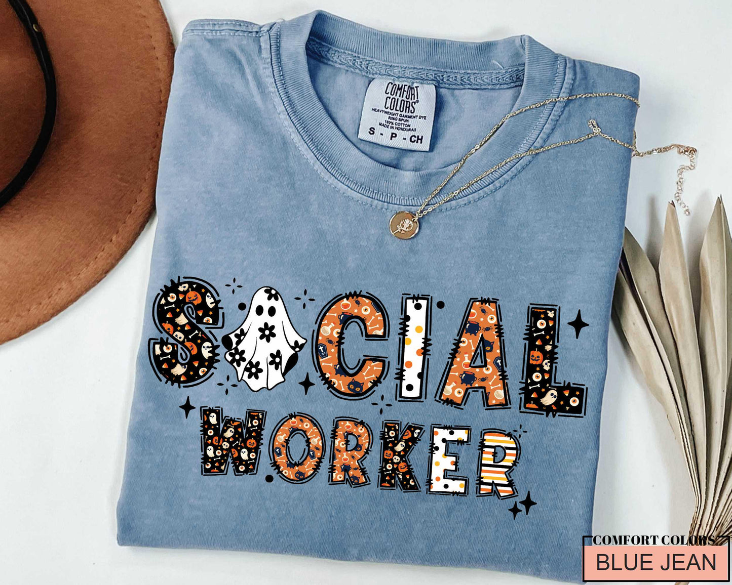 Halloween Social Worker T-Shirt: Spooky Ghost & Pumpkin Design