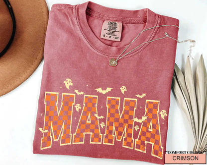 Retro Halloween Mama Shirt: Spooky Ghost Checkered Print, Fall Outfit