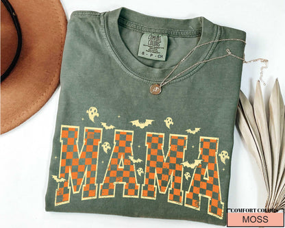 Retro Halloween Mama Shirt: Spooky Ghost Checkered Print, Fall Outfit
