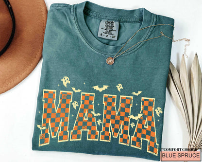 Retro Halloween Mama Shirt: Spooky Ghost Checkered Print, Fall Outfit