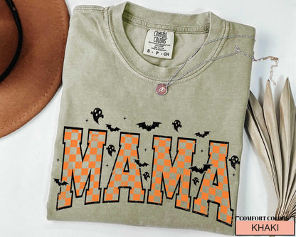 Retro Halloween Mama Shirt: Spooky Ghost Checkered Print, Fall Outfit