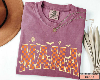 Retro Halloween Mama Shirt: Spooky Ghost Checkered Print, Fall Outfit