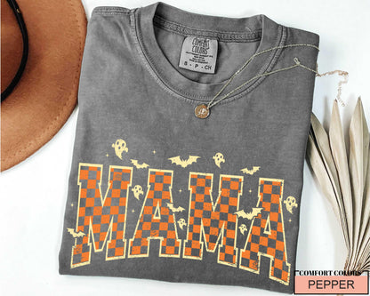 Retro Halloween Mama Shirt: Spooky Ghost Checkered Print, Fall Outfit