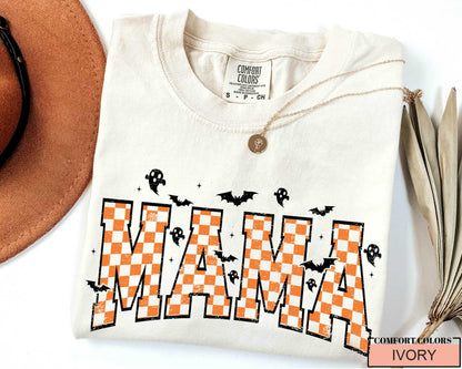 Retro Halloween Mama Shirt: Spooky Ghost Checkered Print, Fall Outfit
