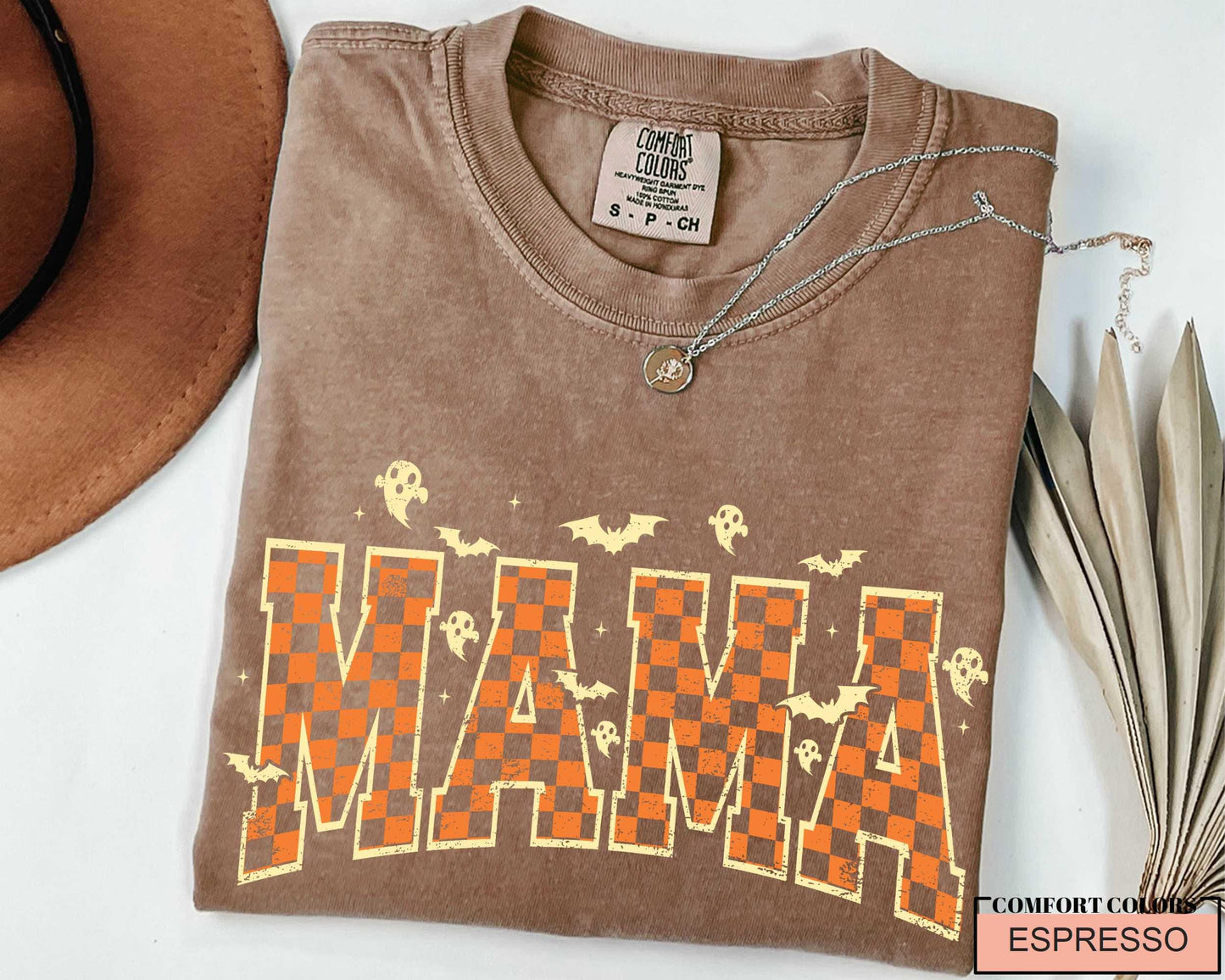 Retro Halloween Mama Shirt: Spooky Ghost Checkered Print, Fall Outfit