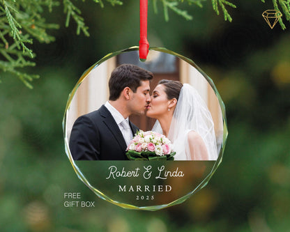 Personalized Married Photo Glass Ornament - Wedding Picture Keepsake