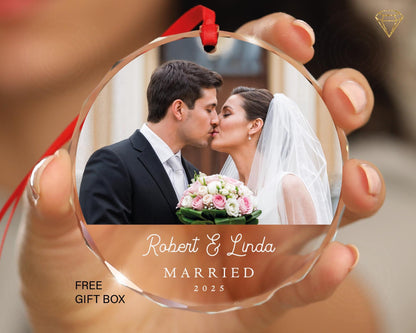 Personalized Married Photo Glass Ornament - Wedding Picture Keepsake