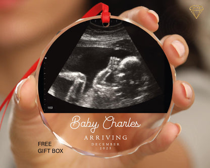Personalized Ultrasound Baby Photo Glass Ornament - Custom Name and Arriving Year Keepsake