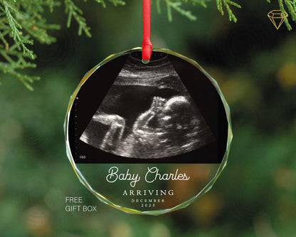Personalized Ultrasound Baby Photo Glass Ornament - Custom Name and Arriving Year Keepsake